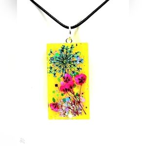 Sunny Yellow Sparkle Real Dried Pink Blue Flowers Green Ferns Necklace